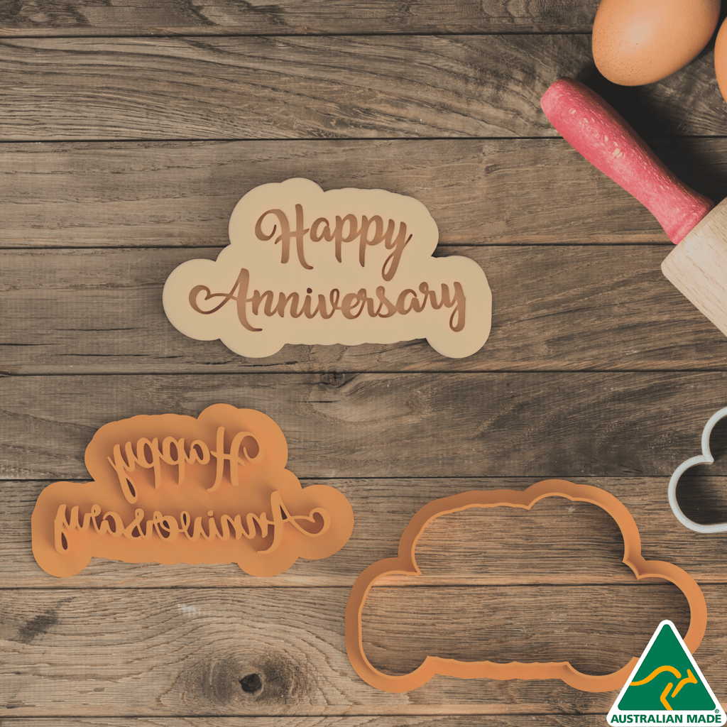 Australian Cookie Cutters Cookie Cutters 10cm Happy Anniversary Cookie Cutter and Embosser Stamp