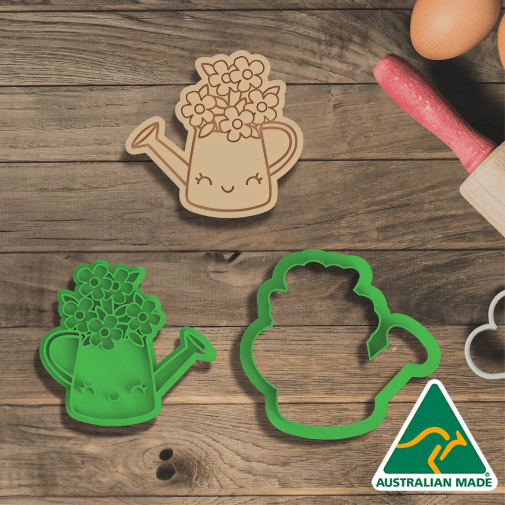 Australian Cookie Cutters Cookie Cutters Flowers in Watering Can Cookie Cutter and Embosser Stamp