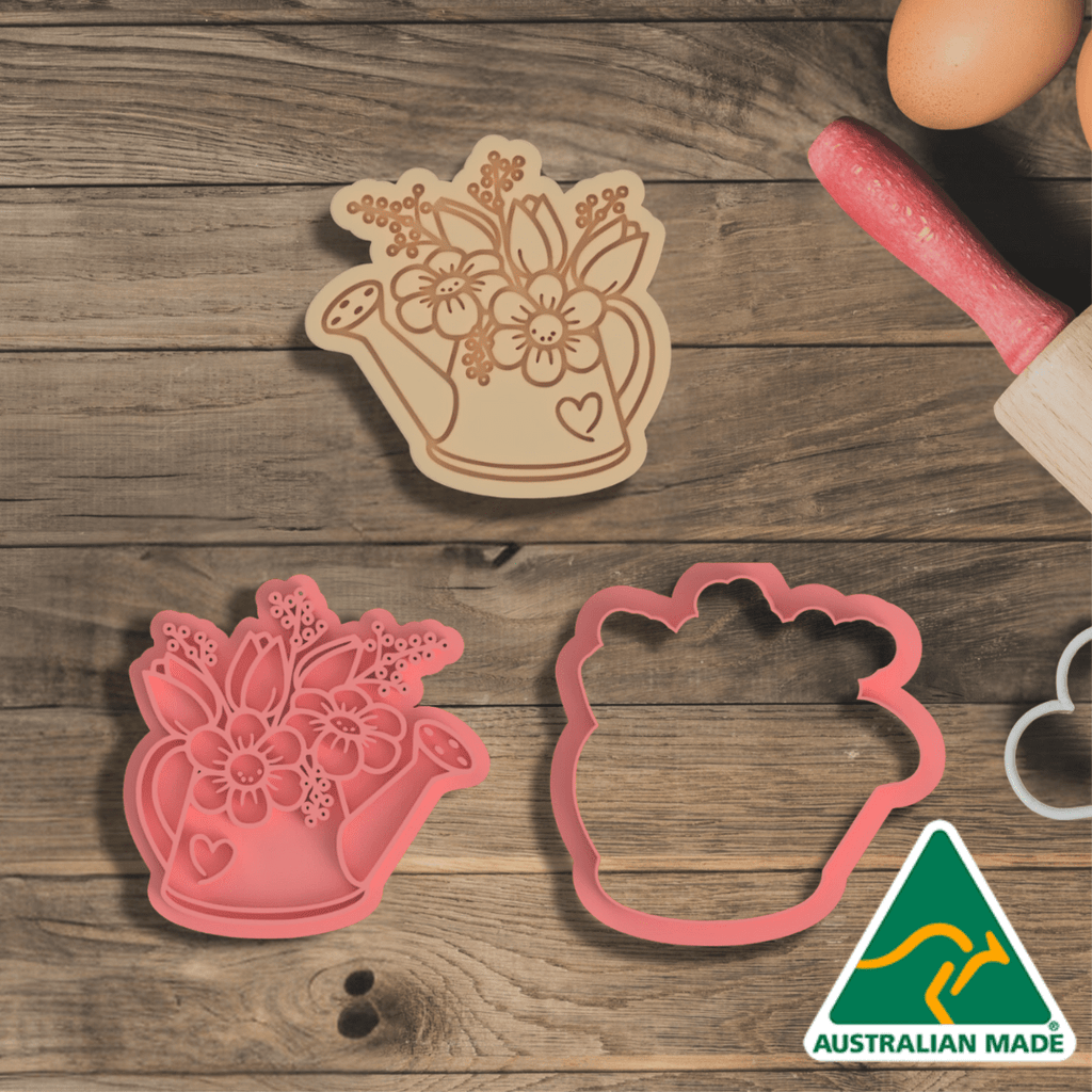 Pink Flowers in Watering Can Cookie Cutter and Embosser Stamp