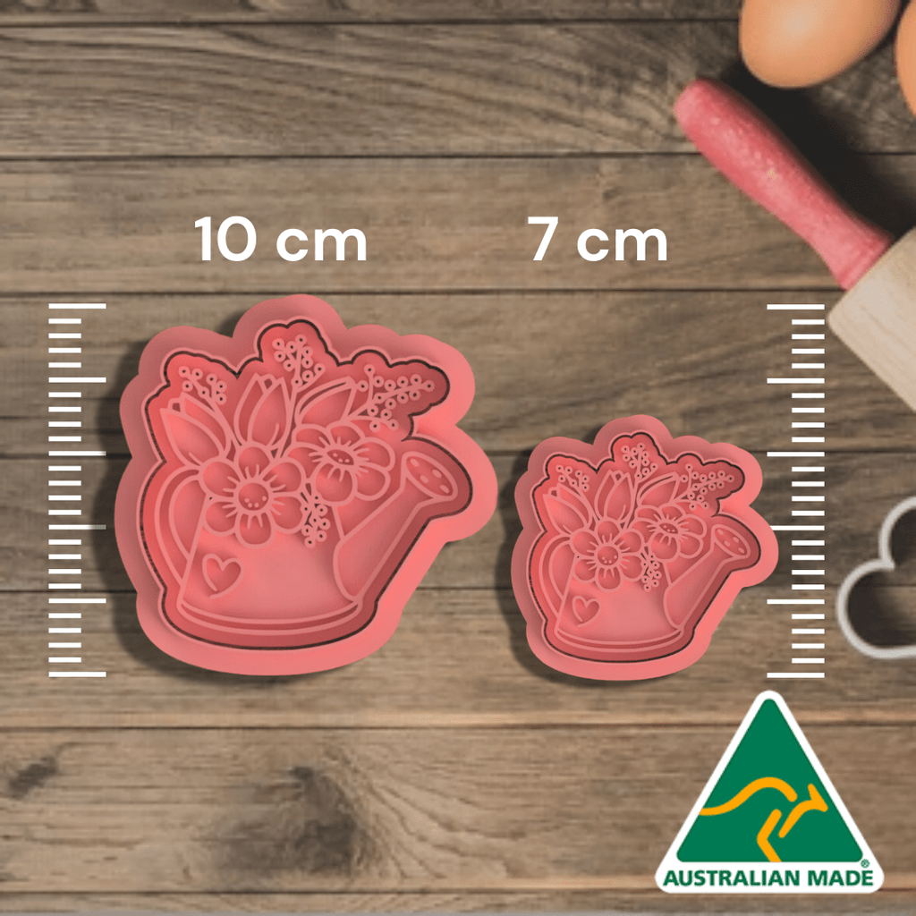 Pink Flowers in Watering Can Cookie Cutter and Embosser Stamp