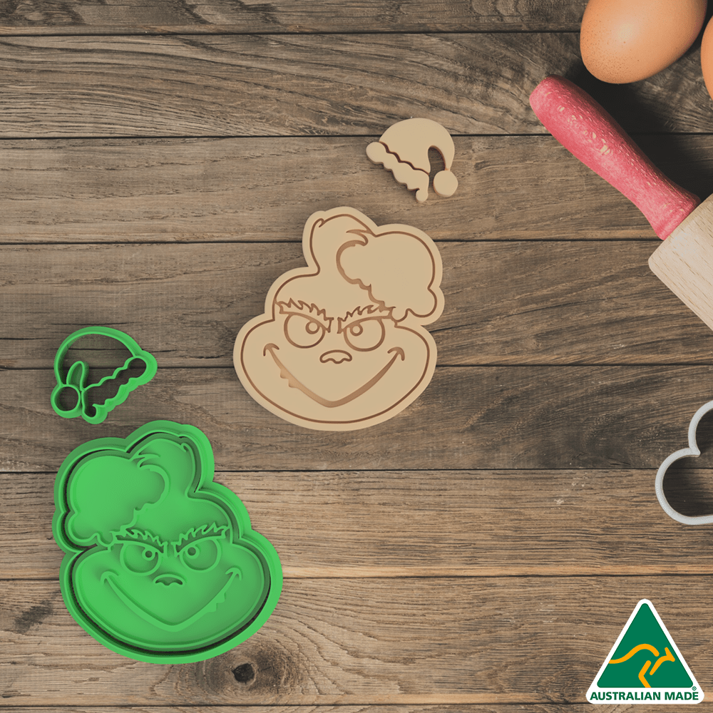 Australian Cookie Cutters Cookie Cutters Christmas Grinch with Bonus Santa hat Cookie Cutter and Embosser Stamp